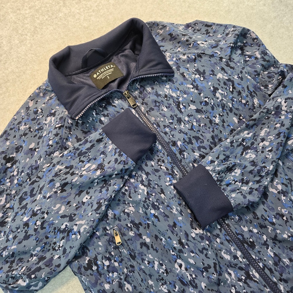 Athleta Brooklyn Bomber Jacket II Blue Camo Abstract Print Full Zip Womens Small